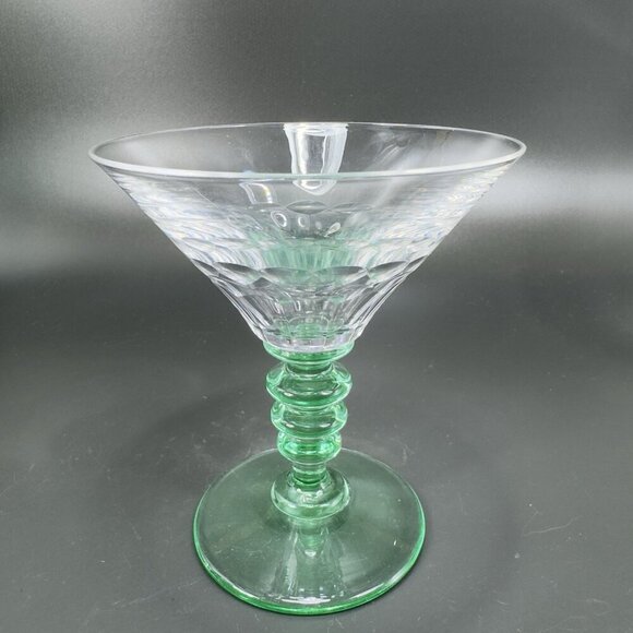 Seneca Theodule Clear Top Green Uranium Stem Optic Cut Top Sherbets Cups Set 2 - Picture 14 of 14